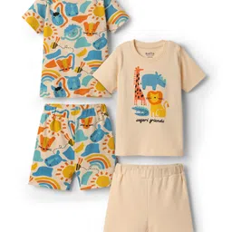 Bonfino 100% Cotton Knit Half Sleeves Shorts Night Suits with Safari Theme Print Pack of 2 - Offwhite-picture-20