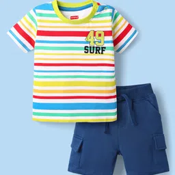 Babyhug Single Jersey Knit Half Sleeves Striped T-Shirt & Shorts Set with Text Print - Navy Blue-picture-20