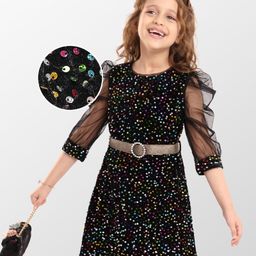 Hola Bonita Knit Full Sleeves Sequin Velvet Party Dress With Belt - Black-picture-0