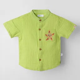 kids of greendeer Greendeer 100% Softner Washed Muslin Cotton Woven Half Sleeves Starfish Embroidered Shirt - Green-picture-11