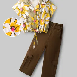 OLLINGTON ST. Cotton Knit Half Sleeves Floral Printed Top & Woven Twill Pants Set - Yellow & Brown-picture-22