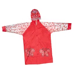 Yellow Bee Full Sleeves Floral & Butterfly Printed Hooded Raincoat - Red-picture-19