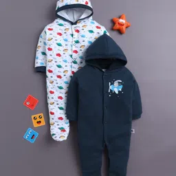 BUMZEE Cotton Knit Full Sleeves Footed & Hooded Sleepsuits with Space Print Pack of 2 - White & Navy Blue-image-51