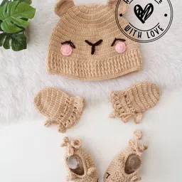 Woonie Teddy Bear Face Applique Embroidered Cap With Mittens & Booties Set - Beige-picture-20