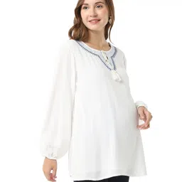 Bella Mama Woven Crinkle Full Sleeves Tie Up Top Embroidered Design - White image 3
