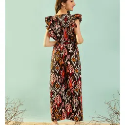 Cherry & Jerry Sleeveless Abstract Printed Ruffled Waist Tie Up Jumpsuit - Black image 3