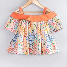 hugsntugs tugs Cotton Woven Cold Shoulder Sleeves Confetti Printed Shirt Style Top - Orange image 3