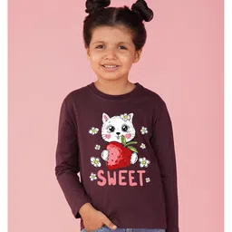 NUSYL Cotton Knit Full Sleeves Cute Cat Printed Light Winter Tee - Wine image 5