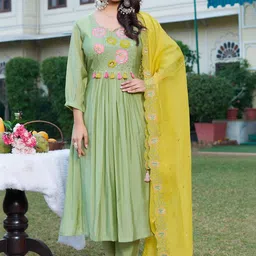MITTOO Women Floral Embroidered Panelled Thread Work Chanderi Cotton Kurta with Trousers & With Dupatta-picture-22