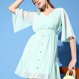 People Women Stunning Turquoise Blue Self-Design Wrap It Up Dress-picture-31
