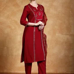 NAVYAAZRI Women Ethnic Motifs Embroidered Regular Thread Work Kurta with Trousers & With Dupatta image 3