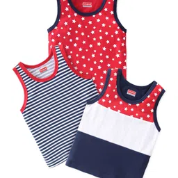 Babyhug 100% Cotton Sleeveless Sando With Star Print Red Black & White - Pack Of 3-image-77