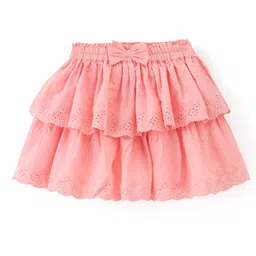 Babyhug Cotton Woven Knee Length Skirt with Lining Bow Applique & Lace Detailing - Peach-picture-13
