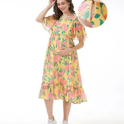 Bella Mama Woven Flutter Sleeves Maternity Dress with Pocket Floral Print - Yellow-picture-24