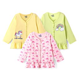 Doodle Poodle 100% Cotton Knit Full Sleeves Jhablas With Unicorn & Rainbow Print Pack of 3 - Pink Green & Yellow-picture-42