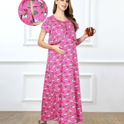 Bella Mama Cotton Knit Half Sleeves Unicorn Printed Maternity Nursing Nighty - Pink-picture-48