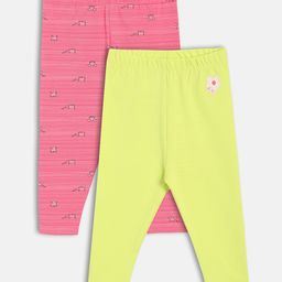 MINI KLUB Cotton Knit Pack Of 2 Baby Animals Printed & Floral Embroidered Leggings - Pink & Yellow-picture-47