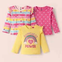 Babyhug 100% Cotton Knit Full Sleeves Striped T-Shirts with Star Polka Dots & Rainbow Print Pack of 3 - Pink Yellow & White image 1