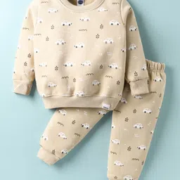 Teddy Knit Full Sleeves Co-ords Fleece Winter Night Suit with Car Print - Beige-picture-16