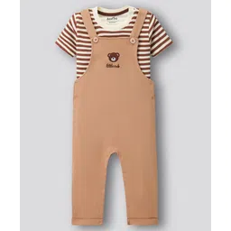 Bonfino 100% Cotton Knit Half Sleeves T-Shirt & Dungaree With Stripes & Bear Embroidery Applique - Brown and White-picture-23