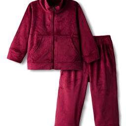 Kanvin Velour Knit Full Sleeves Winter Wear Solid Colour Co-Ords Front Open Sweatshirt with Kangaroo Pockets & Lounge Pant Set - Wine-picture-5