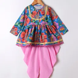 M'andy Woven Full Sleeves Floral Printed & Gota Lace Embellished Dhoti Kurti Set - Blue-picture-15