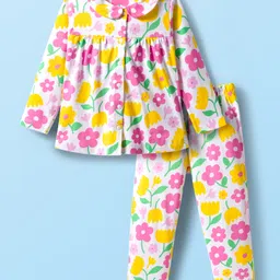 Babyhug Cotton Knit Full Sleeves Front Open Co-ord Night Suit With Floral Print - White-picture-17