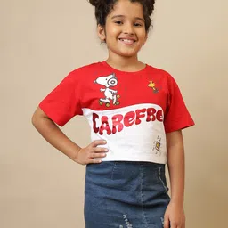 Kidsville Cotton Knit Peanuts Featuring Half Sleeves Snoopy Printed Tee - Red & White-picture-19