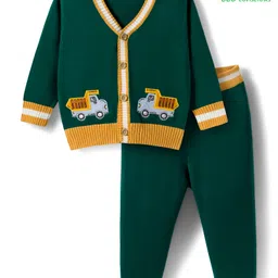 Babyoye Cotton Knitted Full Sleeves Sweater Set With Truck Embroidery - Green-picture-21