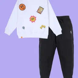 Kiddopanti Fleece Knit Full Sleeves Smiley Face & Sun Printed Light Winter Sweatshirt With Track Pants Set - White & Black-image-43