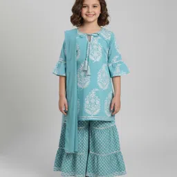 The Magic Wand Cotton Woven Three Fourth Bell Sleeves Floral Printed Gota Lace Embellished Kurti & Sharara With Dupatta Set - Mint-image-99