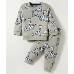 Simply Interlock Knit Full Sleeves Co-ord T-Shirt & Joggers Set with Giraffe Print- Grey-picture-28