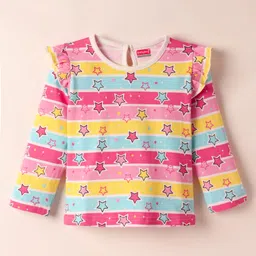 Babyhug 100% Cotton Knit Full Sleeves Striped T-Shirts with Star Polka Dots & Rainbow Print Pack of 3 - Pink Yellow & White image 2