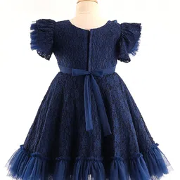 Bluebell Lace DC Half Sleeve Party Frock With Floral Applique - Navy Blue image 3
