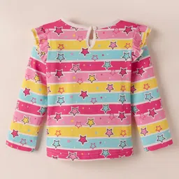 Babyhug 100% Cotton Knit Full Sleeves Striped T-Shirts with Star Polka Dots & Rainbow Print Pack of 3 - Pink Yellow & White image 3