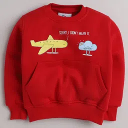 Knitting Doodles Fleece Woven Full Sleeves Air Plane & Cloud Printed Light Winter Sweatshirt - Red image 4