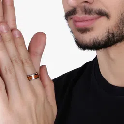 Peora Men Silver-Toned & Brown Wooden Band Ring image 4