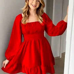 SARTHAKHUB Puff Sleeve Ruffled Crepe Fit & Flare Mini Dress-picture-37