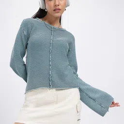 glitchez Inverted Look Ribbed Drop-Shoulder Sleeves Relaxed Fit Pure Cotton Pullover-picture-29