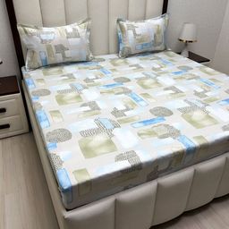 Pure Decor Beige & Blue Geometric 250 TC Queen Bedsheet with 2 Pillow Covers-picture-35