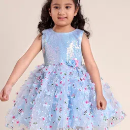 Babyhug Woven Sleeveless 3D Butterfly Fabric Party Dress with Floral Corsage & Sequin Embellished - Light Blue-image-12