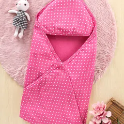 Babyhug Interlock Cotton Hooded Wrapper Polka Dots Print L 76.2 X B 76.2 cm - Pink-picture-26