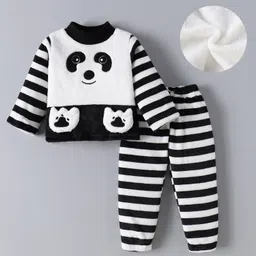 Kookie Kids Full Sleeves Striped High Neck Winter Wear Night Suit With Panda Applique - White & Black-picture-21