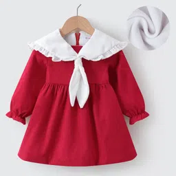 Kookie Kids Full Sleeves Sailor Collar Frock Solid Color - White & Red-picture-26