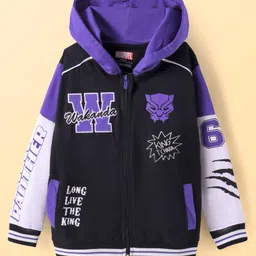 Pine Kids Marvel Terry Knit Full Sleeves Hooded Sweatjacket with Front & Back Black Panther Graphics & Pocket Detailing - Purple & Black-image-59