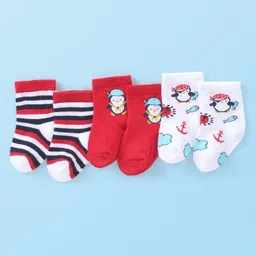 Cute Walk by Babyhug Anti-Bacterial Ankle Length Striped & Penguin Design Socks Pack of 3 - White & Red-picture-28