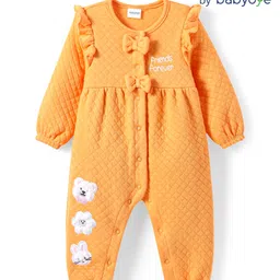 Babyoye Eco Conscious100% Cotton Knit Solid Dyed Romper with Floral Patch &Bow Applique - Orange-picture-19