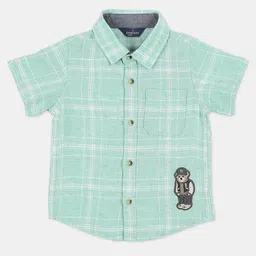 INFINITY Linen Cotton Half Sleeves Checked Patch Embroidered Shirt - Green-image-14