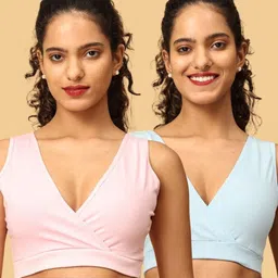 The Mom Store Cotton Knit Pack Of 2 Solid Maternity Nursing Sleep Bras - Blue & Pink-image-67