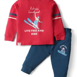 CUCUMBER Sinker Knit Full Sleeves Nightsuit With Snowboard Theme Print - Red & Navy Blue-picture-38